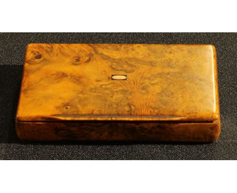 A 19th century bird's eye maple snuff box, the hinged cover inlaid with a rose gold oval central cartouche, the interior with