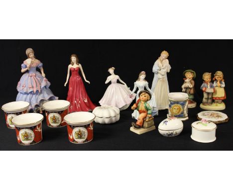A Royal Doulton figure, January Garnet HN4970; a Wedgwood Spink figure, The Imperial Banquet; Coalport figures; a Stratton fl
