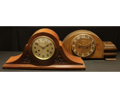 A mahogany mantel clock, Arabic numerals, twin winding holes, carved case, 55cm wide; another mantel clock (2) 