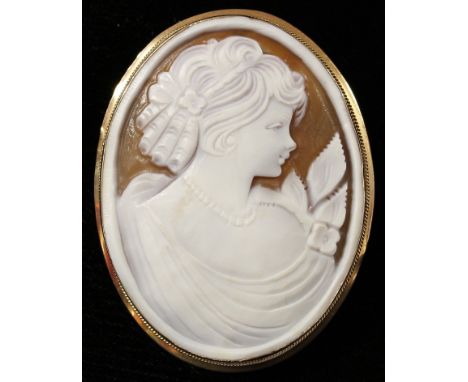 A 9ct gold mounted oval cameo brooch, carved with a bust length portrait of a female beauty, 5cm long 