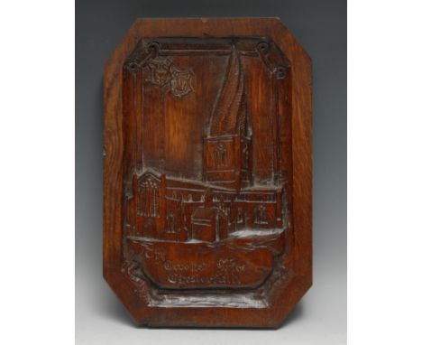 Derbyshire Interest - a late Victorian oak folk art panel, carved in relief with a named view of The Crooked Spire, Chesterfi