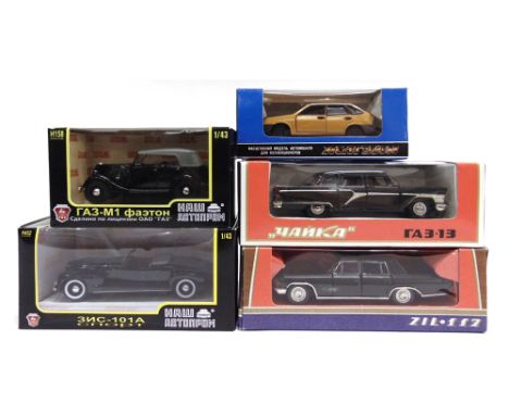 FIVE RUSSIAN 1/43 SCALE DIECAST MODEL CARS  including Zil and GAZ Chaika limousines, each mint or near mint and boxed.