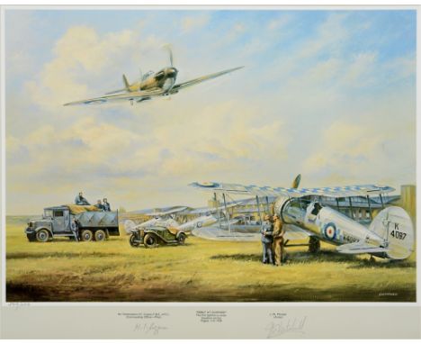 J.W. MITCHELL (BRITISH, CONTEMPORARY) 'Debut at Duxford'. The first Spitfire to enter Squadron service, August 11th 1938, col