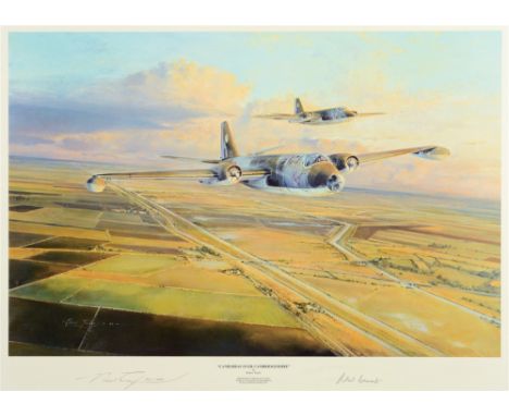 ROBERT TAYLOR (BRITISH, B.1946) 'Canberras over Cambridgeshire'. English Electric Canberras of 231 OCU flying over the fenlan