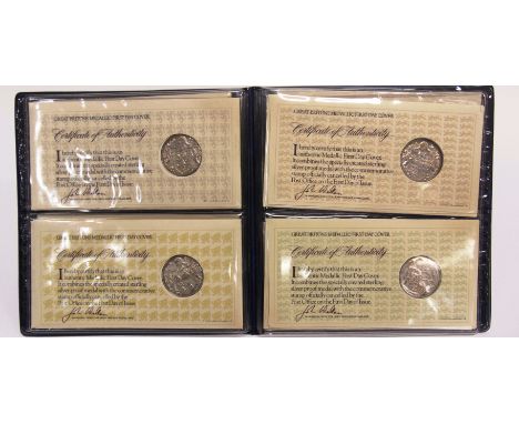 STAMPS - GREAT BRITAIN A set of four John Pinches 'Great Britons' sterling silver medallic first day covers, 1974, comprising