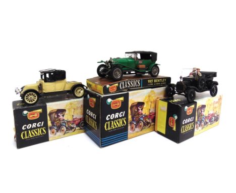 THREE CORGI CLASSICS DIECAST MODEL CARS comprising a No.900, 1927 Bentley Le Mans, green, racing number 3, near mint, boxed, 