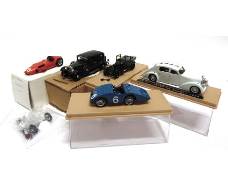 [WHITE METAL]. FIVE 1/43 SCALE MODEL CARS with varying degrees of damage or detached / lost parts, three of them boxed.