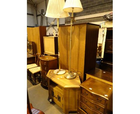 Light oak TV corner stand and two standard lamps with shades