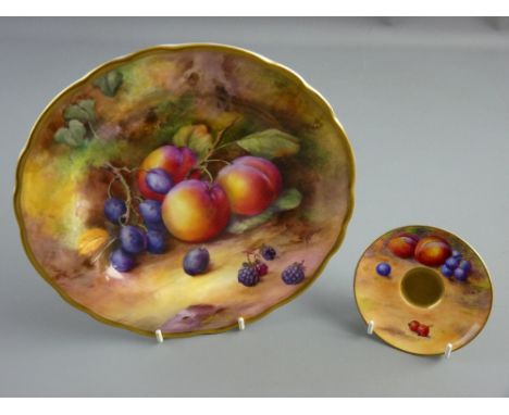 A ROYAL WORCESTER FRUIT PAINTED CABINET PLATE by Horace Price, 22.75 cms diameter, gilt bordered with peaches and berries, si