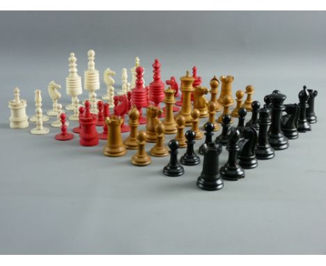 A JAQUES, LONDON 'STAUNTON' PATTERN BOX WOOD & EBONY CHESS SET, weighted, the 3.5 ins box wood King stamped 'Jaques, London',