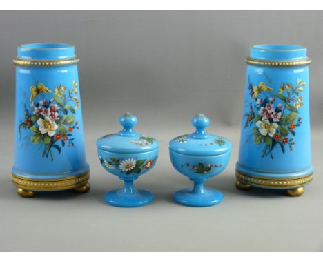A PAIR OF VICTORIAN BLUE OPAQUE GLASS CYLINDRICAL VASES and a similarly styled pair of lidded bowls, the vases enamel decorat
