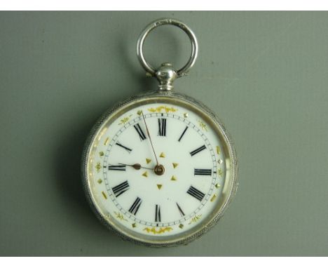 A LADY'S SILVER ENCASED FOB WATCH with attractive white enamel dial, Roman numerals and gilt decoration