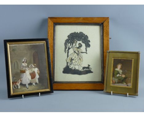 A COLLAGE STYLE SILHOUETTE of an elegant lady under a tree with her dog, 29 x 24 cms, in a maple frame, a silkwork picture of