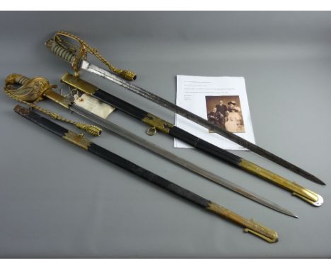 TWO CIRCA 1900 NAVAL OFFICER'S DRESS SWORDS, London and Liverpool makers, the Langdon & Sons, Liverpool example with gilt bra