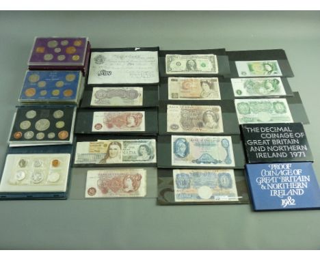 AN INTERESTING COLLECTION OF VINTAGE BANK NOTES & COIN PROOF SETS to include a 1951 white five pound note signed Beale, seven