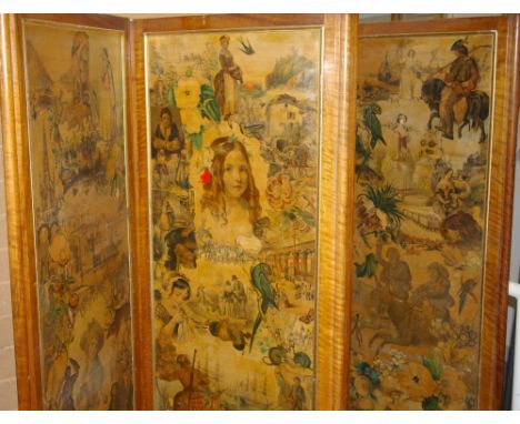 A VICTORIAN SCRAP DECORATED FOUR FOLD WALNUT DRESSING SCREEN having 5ft 6ins multi-print panels adorned with applied scrap im
