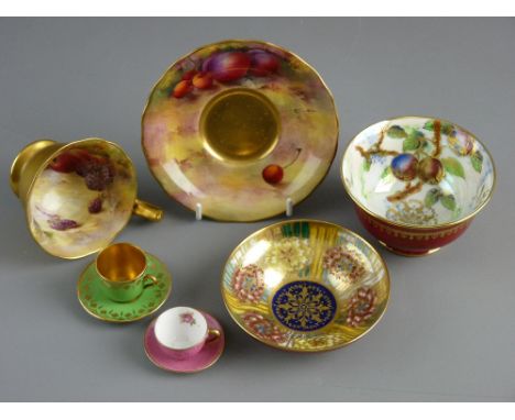 TWO MINIATURE COALPORT CHINA CUPS & SAUCERS, one mottled pink and the other green ground with gilt decoration, a circular Ayn
