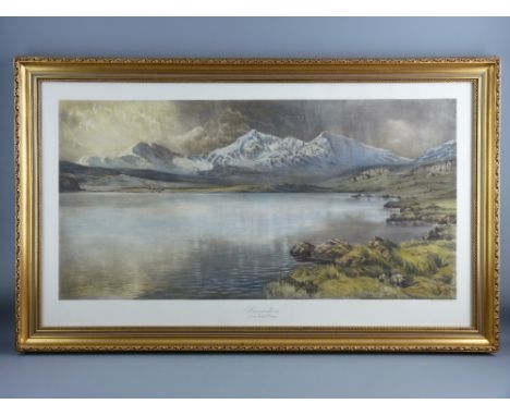 ALFRED OLIVER fine coloured print - Snowdon from Capel Curig with title to slip, 40 x 80 cms