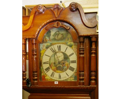 A VICTORIAN MAHOGANY LONGCASE CLOCK BY THOMAS EVANS, BANGOR, the arched top dial with rocking swan and figural painted spandr