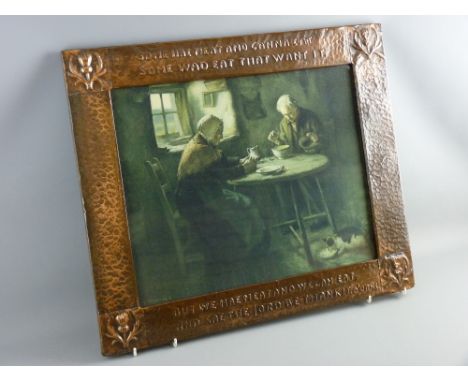 AN ARTS & CRAFTS STYLE COPPER FRAME with beaten pattern and raised thistle corners with the Burns quote 'Some Hae Meet and Ca