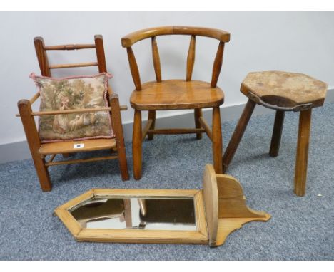 A PINE SPINDLEBACKED CHILD'S COMMODE CHAIR, a child's curved back and spindle Windsor type chair, a small three legged stool 