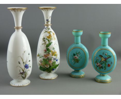 TWO PAIRS OF VICTORIAN OPAQUE GLASS HAND PAINTED VASES including a pair of green moon flask shape with enamel painted birds a