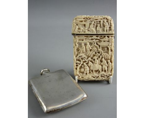 A LATE 19th CENTURY CHINESE CARVED IVORY CARD CASE and a small hallmarked silver hip flask, the case with hinged lid richly c