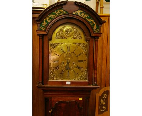 A HANDSOME 18th CENTURY MAHOGANY LONGCASE CLOCK having an arched hood with fine quality brass dial, eight day movement by Joh