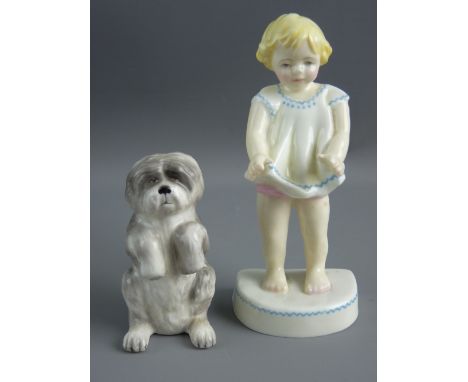 A WORCESTER CHINA FIGURINE OF A YOUNG GIRL and a Royal Crown Derby china begging dog, the Worcester figurine modelled by Fred