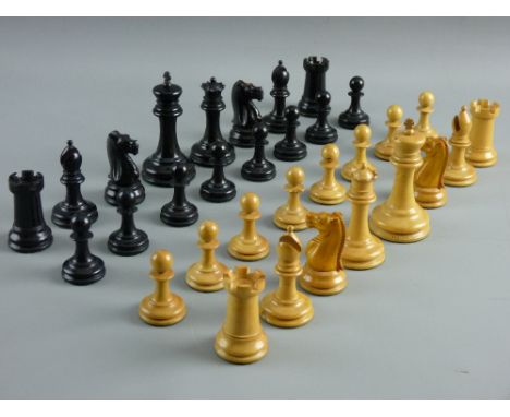 A VICTORIAN JAQUES & SON STAUNTON PATTERN CHESS SET in weighted boxwood and ebony, the 3.5 ins Kings marked Jaques, London, o