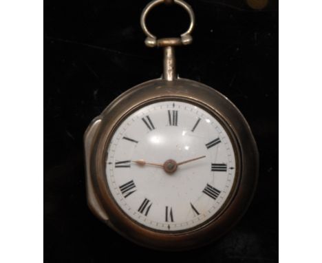 A George III silver pair cased pocket watch, Jona Jones. London, white enamel dial, Roman numerals, chain driven fusee moveme