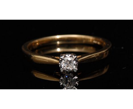 A new diamond solitaire ring, central round brilliant cut diamond, total diamond weight approx 0.14ct, 18ct gold shank, size 