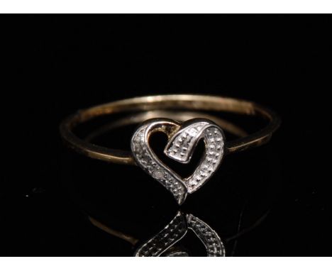 A new 9ct gold diamond set open ribbon heart ring, size L, 0.8g ross