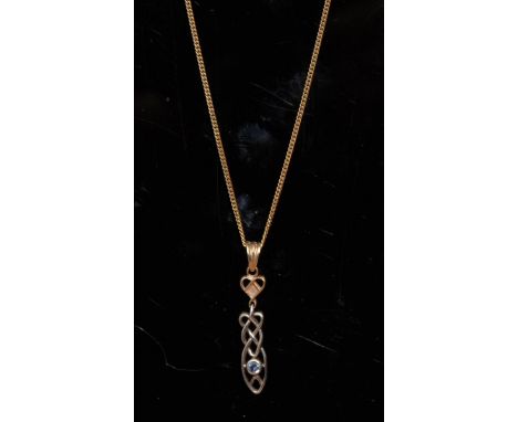 A new Celtic knot pendant necklace, Celtic knot arrow pendant, suspended from a fine 9ct gold curb link chain, 49vm long, 4.9