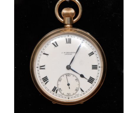 A J W Benson 9ct gold open face pocket watch, white dial, Roman numerals, subsidiary seconds, button wind movement, engraved 