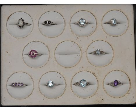 Rings - Ten new gem set sterling silver ring, including, Art Deco amethyst solitaire;  baguette cut topaz, ruby floral cluste