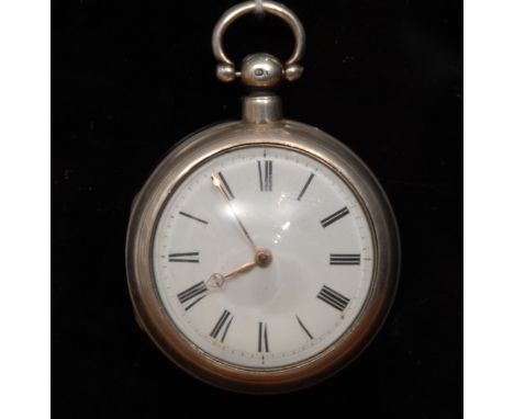 An Early Victorian silver pair case pocket watch, white enamel dial, bold Roman numerals. chain driven fusee movement, pierce