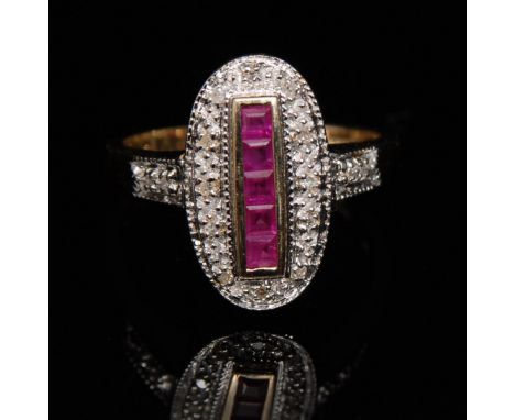 A new Art Deco style ruby and diamond ring, central row of five square cut ruby's, raised above a textured pave diamond encru