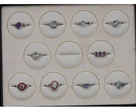 Rings - Ten new gem set sterling silver ring, including, Art Deco amethyst solitaire;  baguette cut topaz, tanzanite cluster,