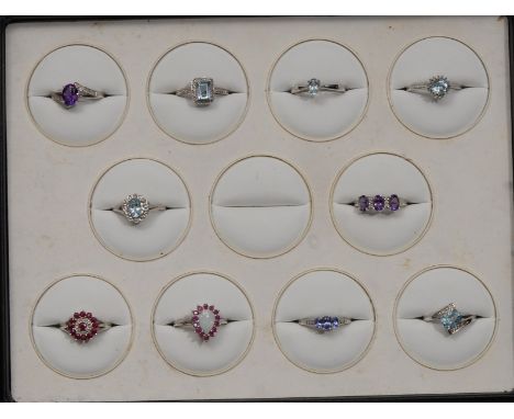 Rings - Ten new gem set sterling silver ring, including, Art Deco amethyst solitaire;  baguette cut topaz, tanzanite cluster,