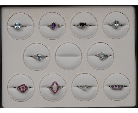 Rings - Ten new gem set sterling silver ring, including, Art Deco amethyst solitaire;  baguette cut topaz, tanzanite four sto