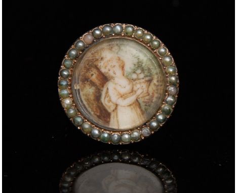 A George III  portrait panel mourning ring, central round portrait, maiden in the garden, watercolour, surrounded by a single
