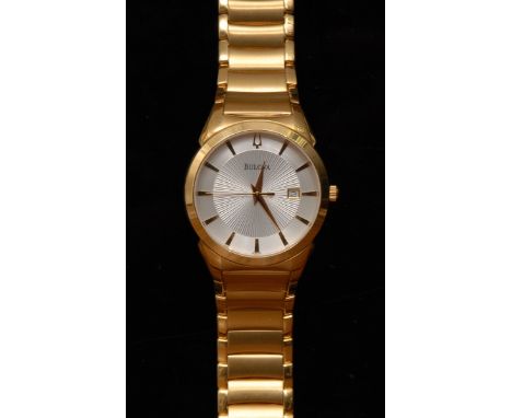 Bulova - a gentleman's 97B108 dress wristwatch,  silvered sunburst dial, gold plated baton markers, date aperture at 3 0;cloc