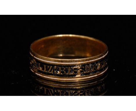 A George III mourning ring, Elizabeth Bissaker, died 25th Sept 1804, age 76, black enamel central script band, flanked by a w