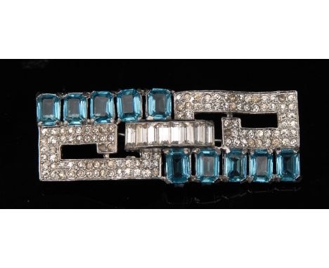 Trifari- an Art Deco 1930s undulating panel brooch, open aquamarine and diamond effect paste body, signed with KTF marks, 55m