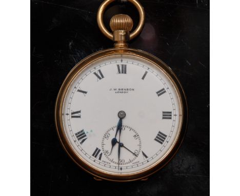 J W Benson - a 9ct gold open faced pocket watch, white dial, bold Roman numerals, subsidiary seconds, 15 jewel Swiss button w