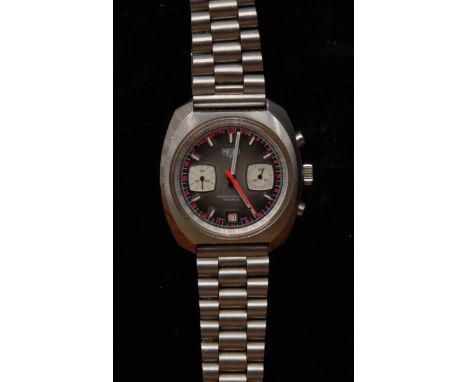 Heuer -a stainless steel Incabloc Chronograph wristwatch,  grey `smoke` dial with silver and white batons, two white subsidia