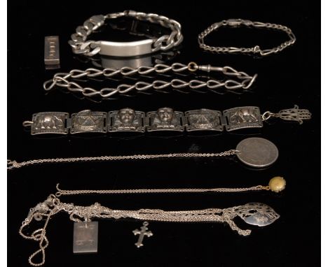 Silver jewellery - an Egyptian revival six panel bracelet, cast with Elephants, crescents and stars, pharaohs heads, unmarked