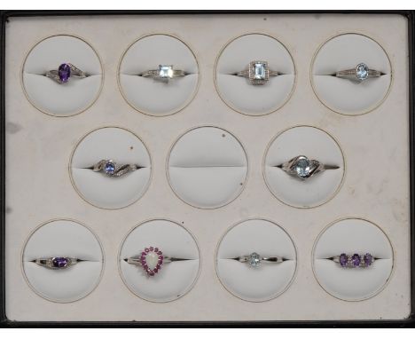 Rings - Ten new gem set sterling silver ring, including, Art Deco amethyst solitaire;  baguette cut topaz, oval tanzanite sol