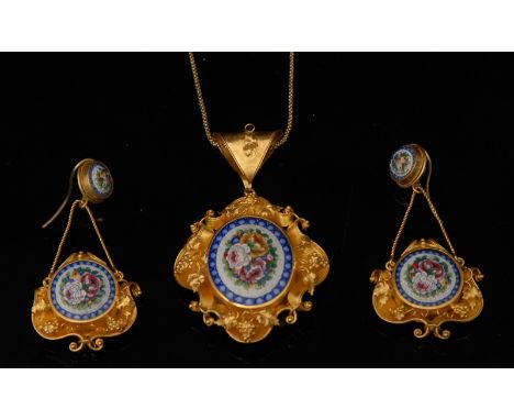 A 19th century Italian three piece jewellery suite comprising, pendant and chandelier earrings, each set with a single micro 